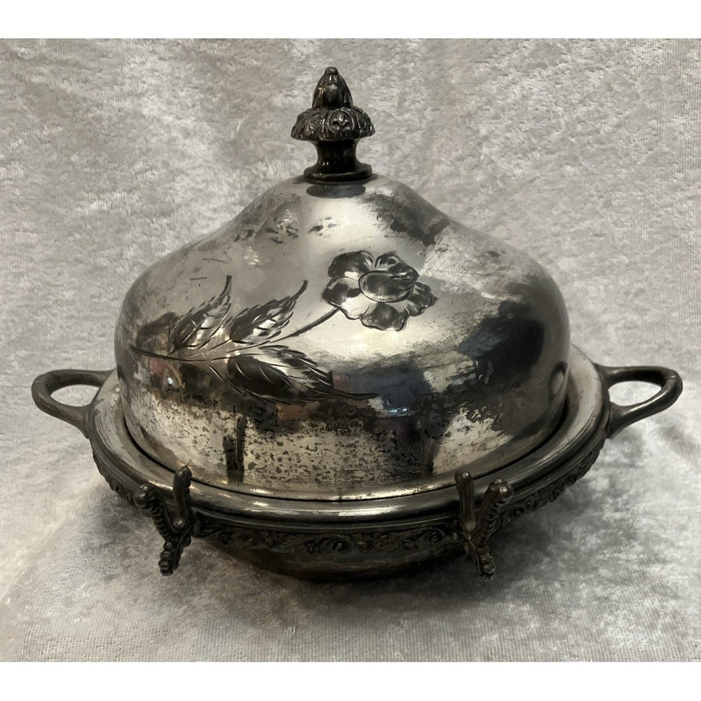 Vintage Webster Silver Plated Butter Dish Cover Handles Raised Etched Rose 645